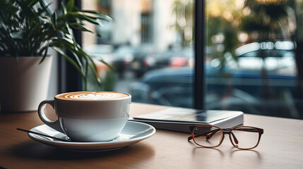 Coffee Break with Book and Glasses, cozy scene featuring a steaming cup of coffee, an open book, and eyeglasses on a table, inviting a moment of relaxation - obrazy, fototapety, plakaty
