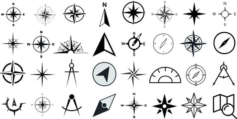 nautical compass navigation icons set. Perfect for marine, sailing, travel themes. 32 black symbols isolated on white background. From simple arrows to complex geometric patterns, find your direction