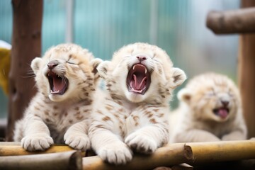 cub yawning widely beside siblings - obrazy, fototapety, plakaty