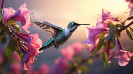Early in the morning, before the light has even begun to shine on the field of flowers, a female Ruby-throated Hummingbird feeds on some purple blossoms