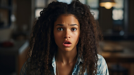 Young Woman Astonished at Home, young woman with curly hair expresses a dramatic surprise while at home, her eyes wide and mouth agape, capturing a candid, relatable human emotion - obrazy, fototapety, plakaty