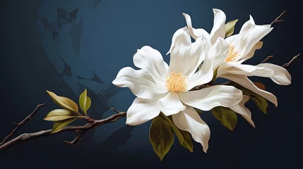 Fotobehang Digital painting of a star magnolia blossom with white petals and pink stamens on a green background © Ameer