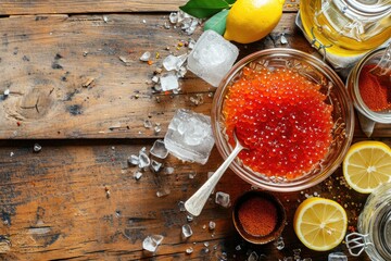 Red caviar, spices and lemon on wooden background. Top view. Space for text