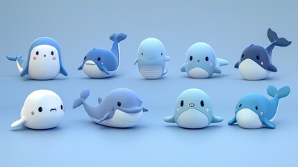 A collection of different cartoon whale baby characters.