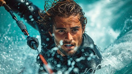 Portrait. Young man doing kitesurf.