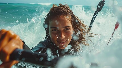 Portrait of a young happy woman doing kitesurfing