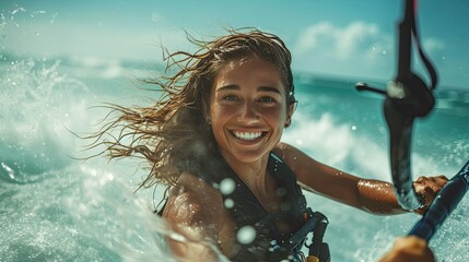 Portrait of a young happy woman doing kitesurfing - obrazy, fototapety, plakaty