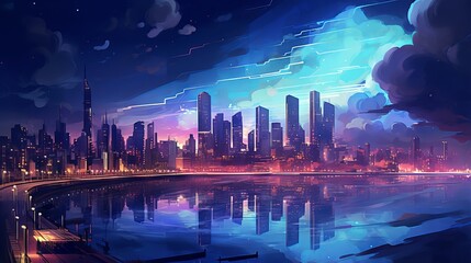 Digital painting of a cityscape with bright neon lights and dark sky at night