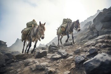pack mules descending rocky terrain, dust settling on rocks