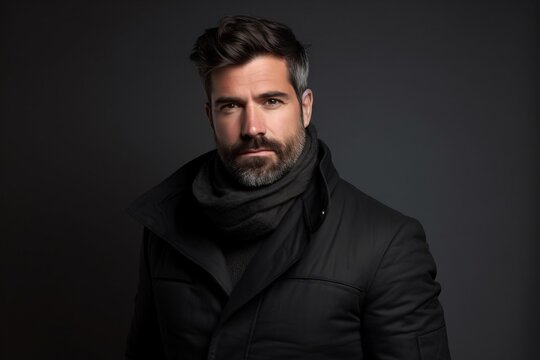 Portrait of a handsome bearded man in a black jacket and scarf.