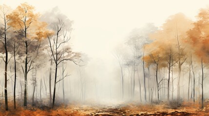 Digital watercolor painting of panorama landscape of wendover woods on foggy autumn morning. Scenic view of forest trees and hills in england.