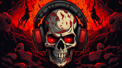 Skull with Headphones with red eyes in headphones listening to music. Halloween party flyer 