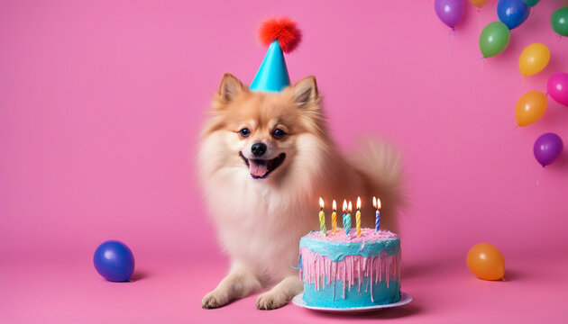 Happy Spitz in birthday hat with birthday cake on pink  background . Birthday concept