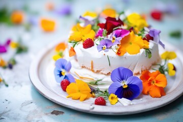 Fototapeta na wymiar colorful pavlova with edible flowers on top