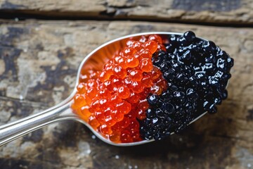 Spoon with red and black caviar on wooden background