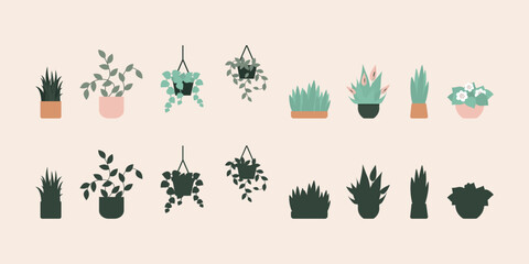 Fototapeta premium Collection of different colorful botany elements. Set of various domestic plants in pots. Home plants and flowers and silhouettes.