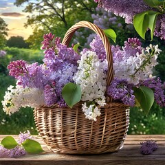 Wiklinowy kosz pełen kwiatów bzu stojący na deskach. W tle wiosenny ogród