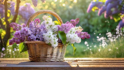 Wiklinowy kosz pełen kwiatów bzu stojący na deskach. W tle wiosenny ogród - obrazy, fototapety, plakaty