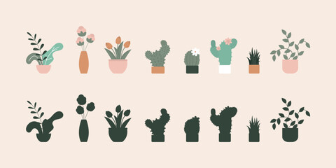 Collection of different colorful botany elements. Set of various domestic plants in pots. Home plants, cactuses and flowers and silhouettes.