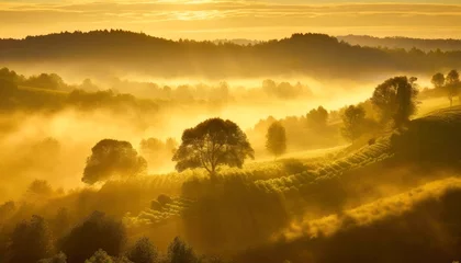 Foto auf Acrylglas Morgen mit Nebel Rows of hills and trees covered with yellow fog illuminated by the rays of the rising sun.
