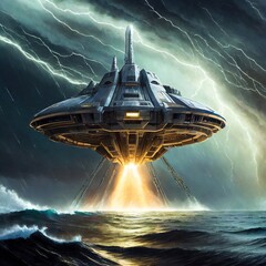 Statek kosmiczny, UFO, lądujący na środku oceanu podczas burzy z piorunami - obrazy, fototapety, plakaty