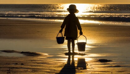 Dziecko trzymające wiaderka w rękach stoi na plaży oświetlone światłem zachodzącego słońca - obrazy, fototapety, plakaty