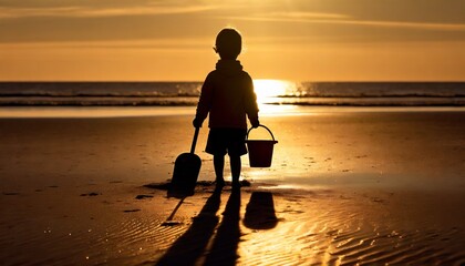 Małe dziecko trzymające wiaderko i małą łopatkę do piasku stoi na plaży oświetlone światłem zachodzącego słońca - obrazy, fototapety, plakaty