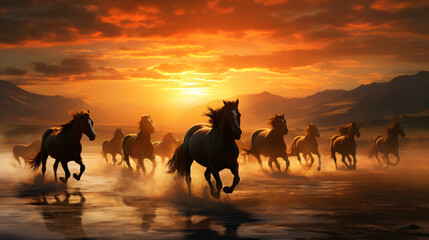 Fototapeta na wymiar Horses in the field at sunrise