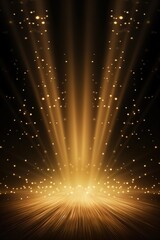 Spotlight with shiny light and particles. Glow backdrop design of spotlight and stage. Gold color rays. - obrazy, fototapety, plakaty