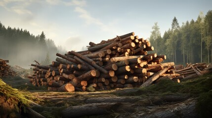 Fototapeta premium Stack of freshly cut trees in a forest.