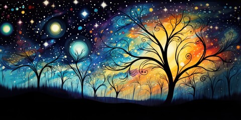 Illustration of fantasy landscape with trees, stars and full moon. for Tu BiShvat ( ט״ו בִּשְׁבָט‎), a Jewish holiday occurring on the 15th day of the Hebrew month of Shevat