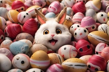 Fototapeta premium Easter eggs and bunnies, wide angle lens camera, completely covered, hyper photoreal Generative AI
