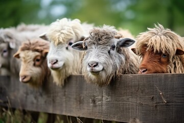 woolly herd congregating near a rustic wooden fence - obrazy, fototapety, plakaty