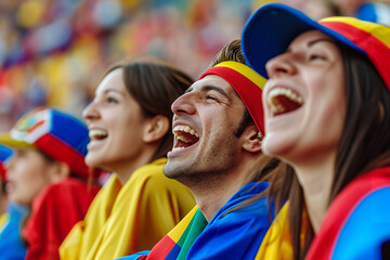 Fototapeta premium Capture the vibrant atmosphere in a stadium where fans from various countries are gathered for a European Football Championship match. 