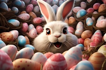 Easter eggs and bunnies, wide angle lens camera, completely covered, hyper photoreal Generative AI