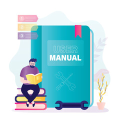 Customer find answers. Business person reading user manual or textbook. Giant book. Concept of user guide, Q and A. FAQ and instructions, professional guide
