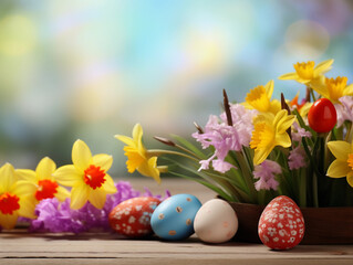 Wooden table with easter or spring theme blurred background , eggs and colorful flowers with copy space 