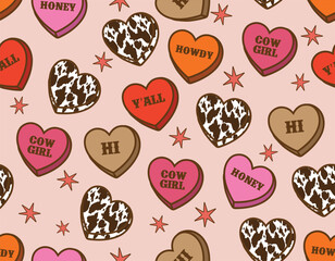 Howdy Cowgirl Heart Conversation repeating background. Cute Cowgirl  seamless vector pattern.