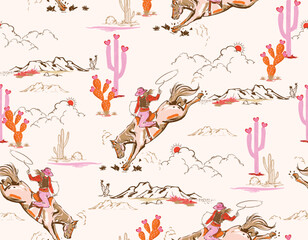 Cute Rodeo Cowgirl  seamless vector pattern. Howdy Cowboy boots, in desert  repeating background. Wild West surface pattern design Wild West surface - 707704944