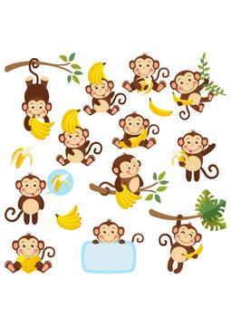 Set of digital elements with funny monkey