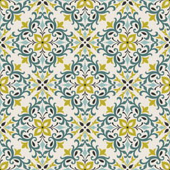 Seamless green patchwork tile with Islam, Arabic, Indian, ottoman motifs. Ceramic tile in talavera style. Vector illustration.