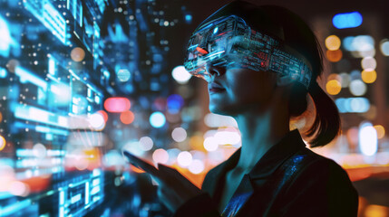 A virtual reality CEO persona with a holographic overlay and glitch effect, portraying a businesswoman at the forefront of technology