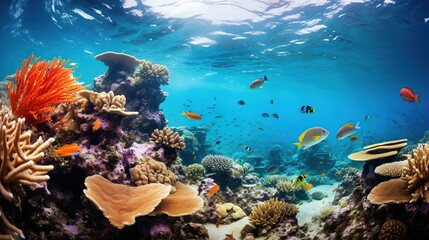 A breathtaking underwater landscape showcasing a vibrant coral reef bustling with marine life, from colorful fish to intricate corals, in a clear blue ocean.