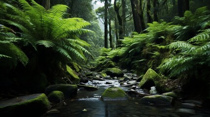 lush evergreen greenery in the Columba Creek rainforest in Tasmania