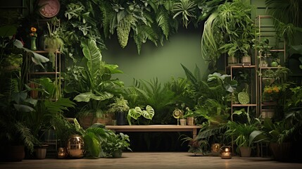 Fototapeta na wymiar An indoor oasis featuring an array of houseplants with rich green foliage, creating a vibrant jungle atmosphere within a home environment.