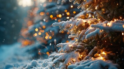 Snow-covered Christmas trees with garlands in the snow: the magic of the winter forest and the festive atmosphere