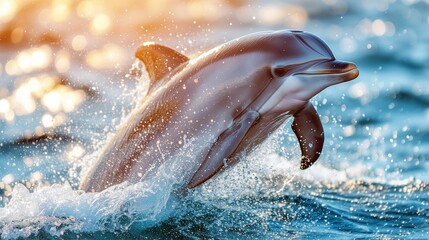 Fototapeta premium A playful dolphin leaping gracefully from the ocean's surface, sparkling droplets of water cascading around it. Generative AI