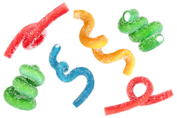 Levitation of colored jelly candy strips in sugar sprinkles isolated on transparent background.