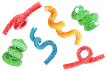 Levitation of colored jelly candy strips in sugar sprinkles isolated on transparent background.