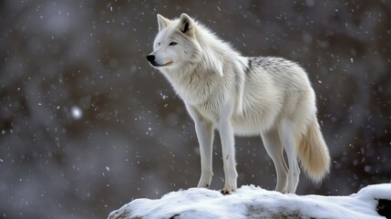 A lone wolf standing on a snowy ridge, its fur ruffled by the cold wind, an expansive winter forest stretching out behind it. Generative AI